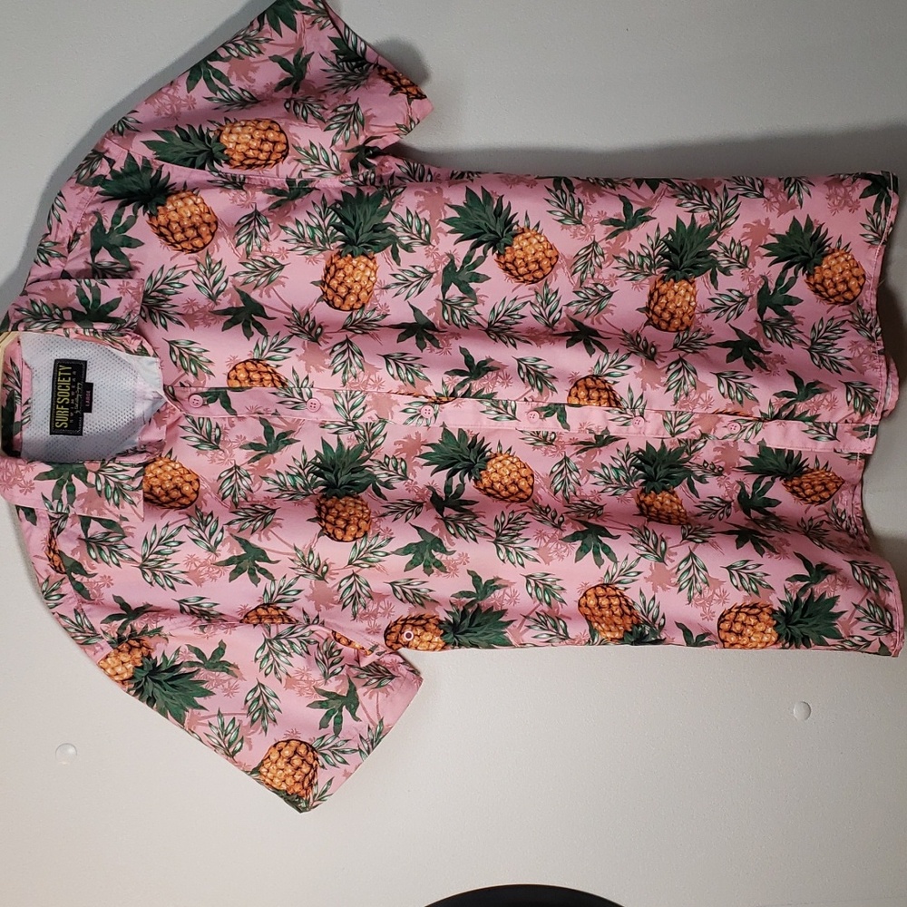 NWOT Surf Society Swimwear Pink Pineapple Button Up Shirt Men Large Tropical